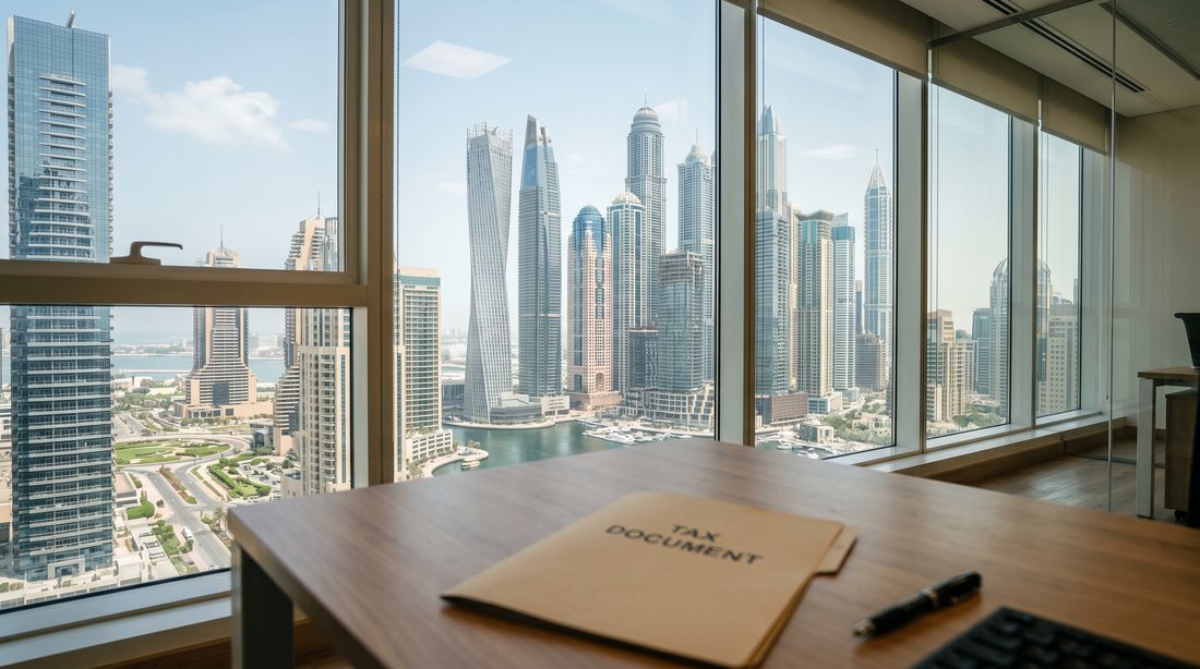 Dubai corporate towers viewed from a high office window, representing UAE Corporate Tax