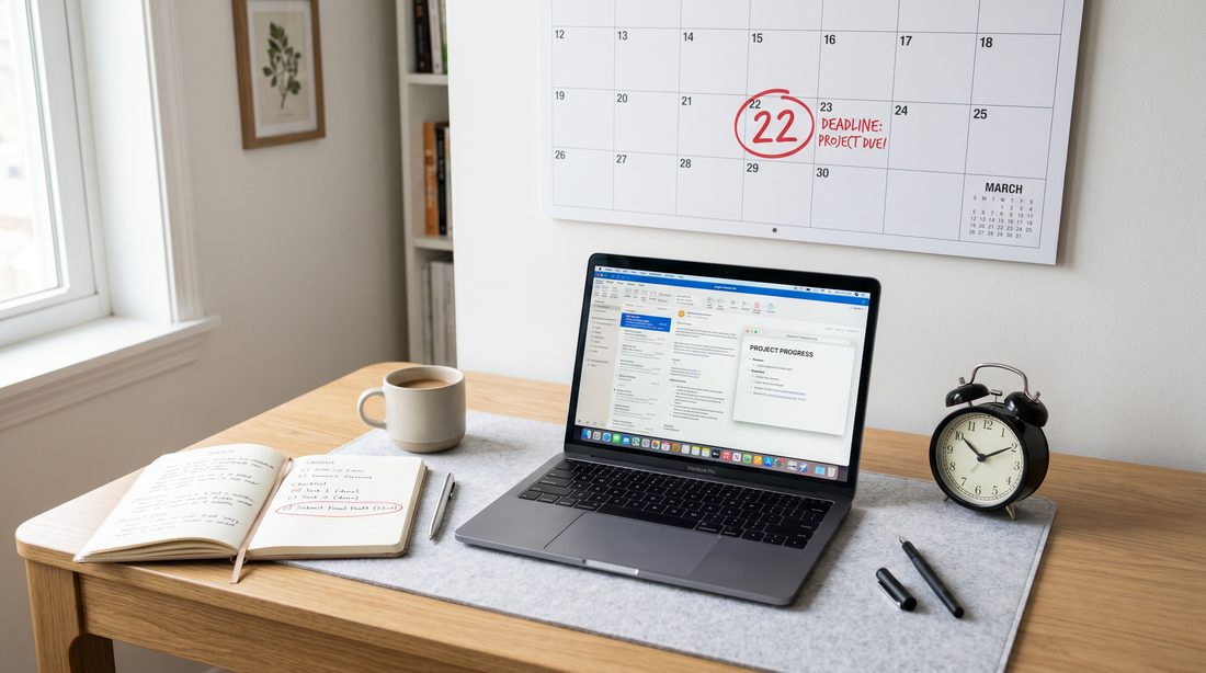A wall calendar with a circled deadline beside an alarm clock and laptop on a desk
