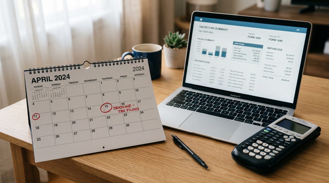 A calendar with a circled VAT deadline beside a laptop and calculator on a desk