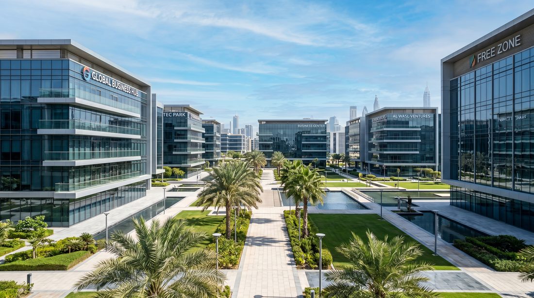 A modern Dubai free zone business park with glass office buildings and palm trees