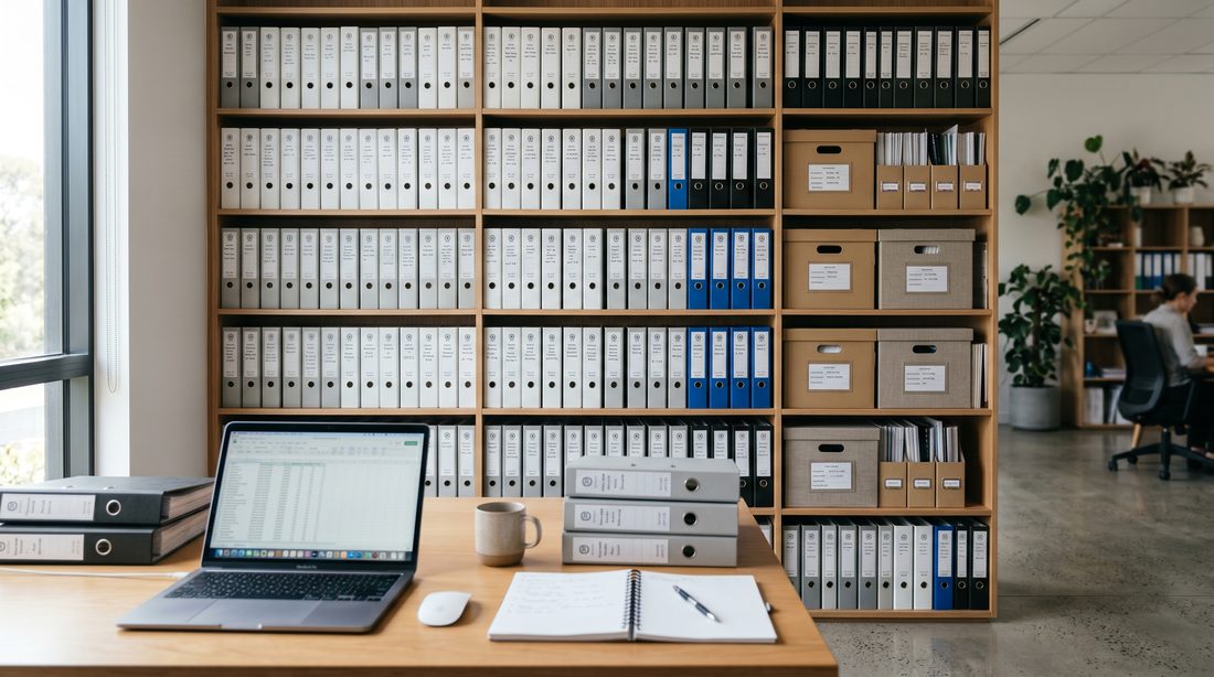Neatly organised office shelving with labelled document files beside a laptop