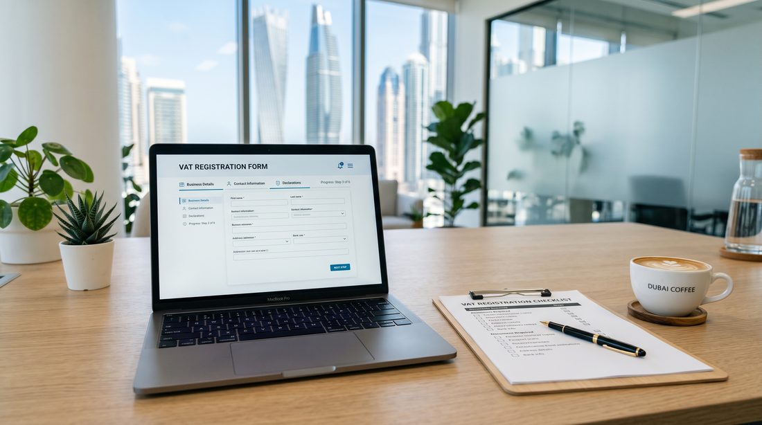 A laptop showing a VAT registration application beside a checklist on a Dubai office desk