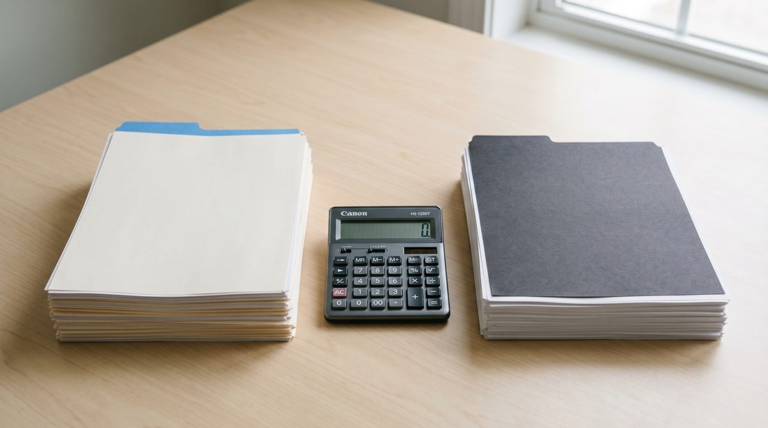 Two neat document stacks side by side on a desk representing VAT and Corporate Tax