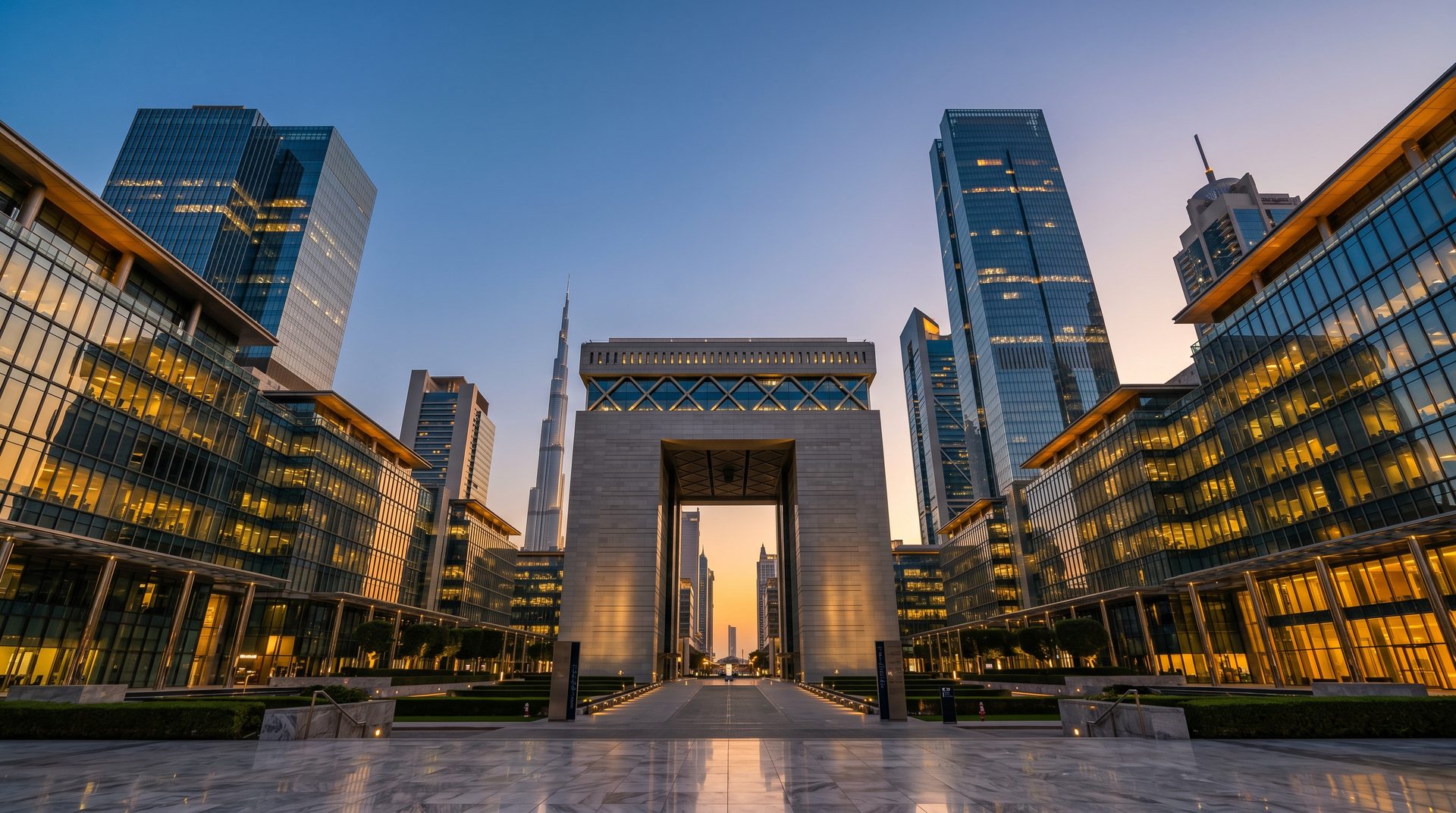 Dubai business district skyline at golden hour